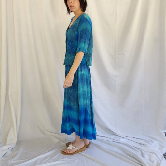 90s Blue Rayon Skirt Set