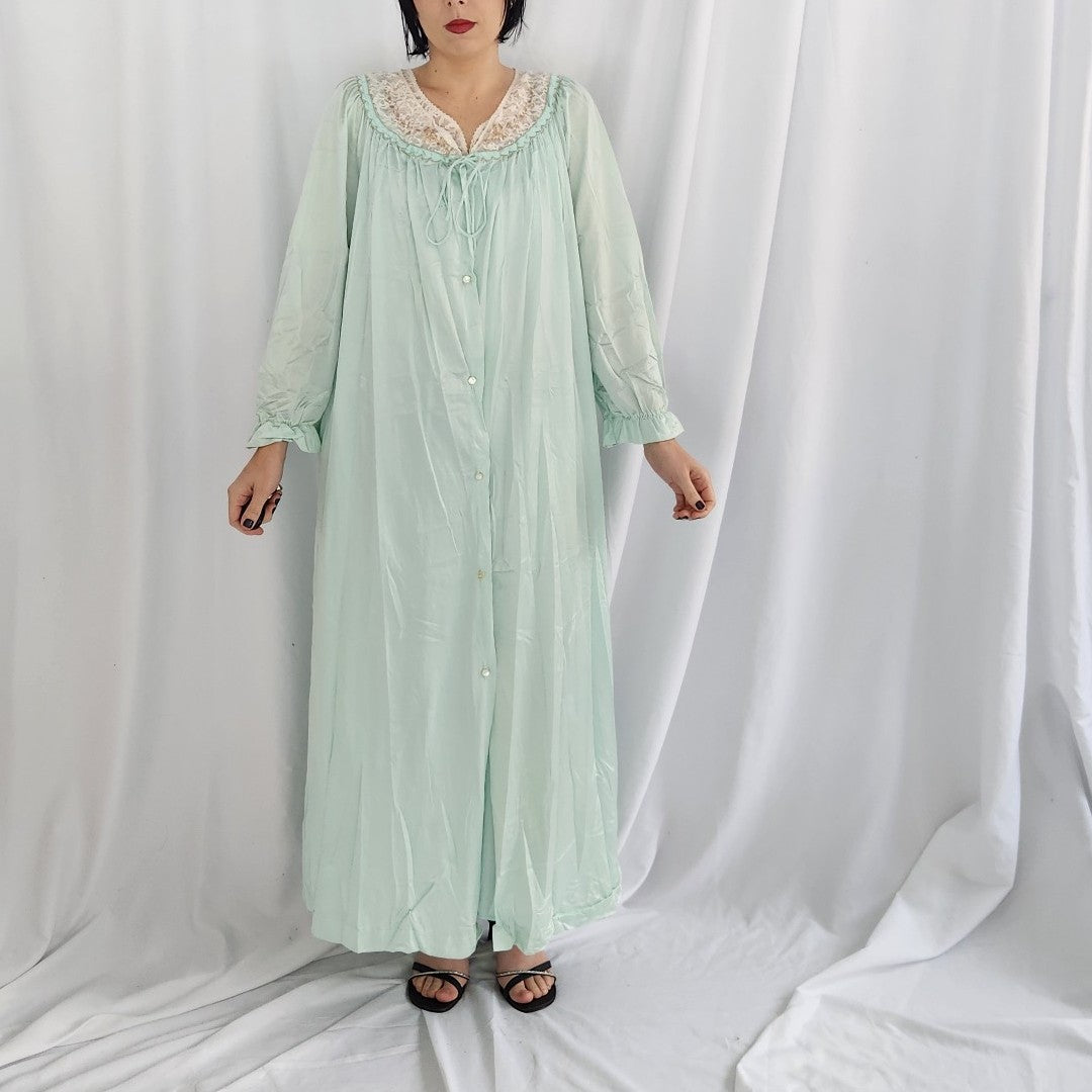 70s/80s Blue Nylon Peognoir Robe and Nightgown Set