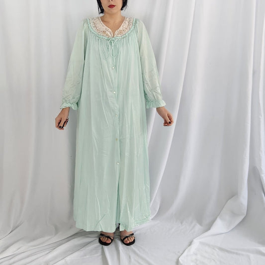 70s/80s Blue Nylon Peognoir Robe and Nightgown Set