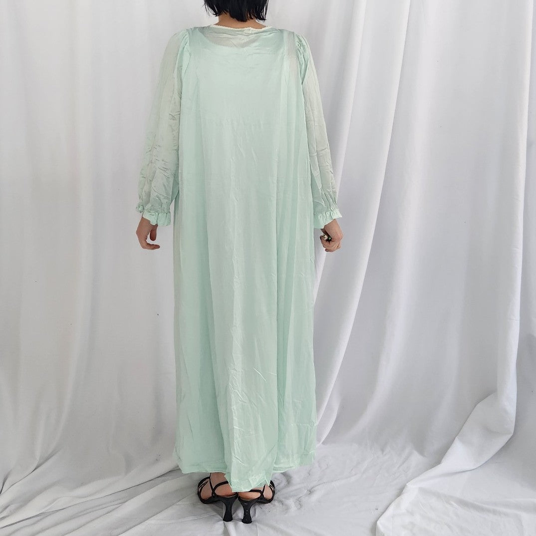 70s/80s Blue Nylon Peognoir Robe and Nightgown Set