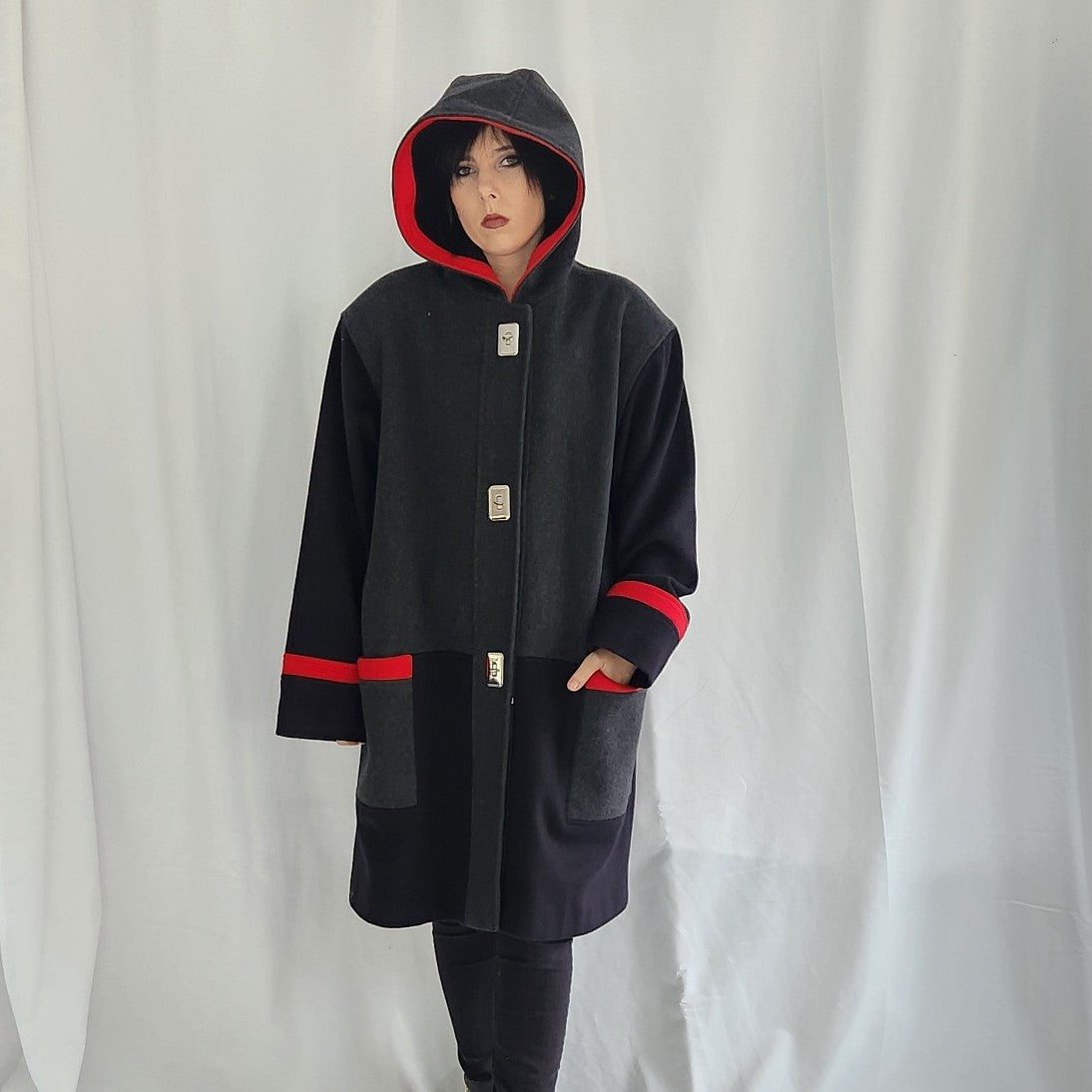 90s Gray, Black and Red Wool Overcoat