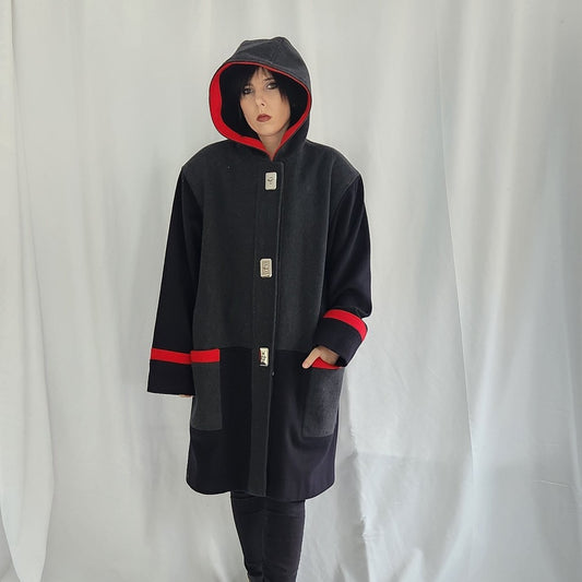 90s Gray, Black and Red Wool Overcoat