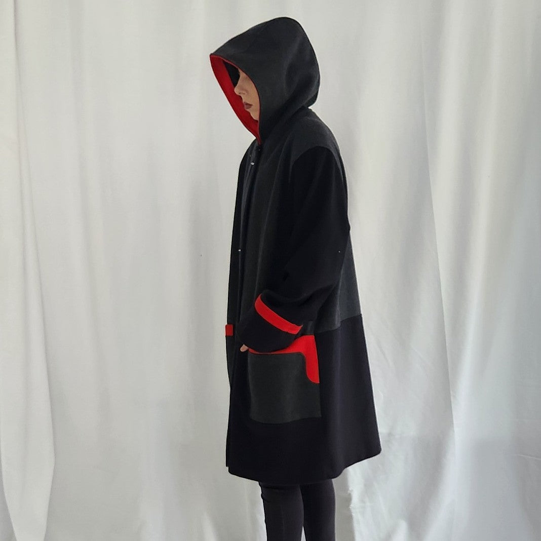 90s Gray, Black and Red Wool Overcoat