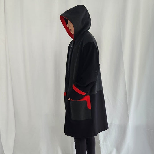 90s Gray, Black and Red Wool Overcoat