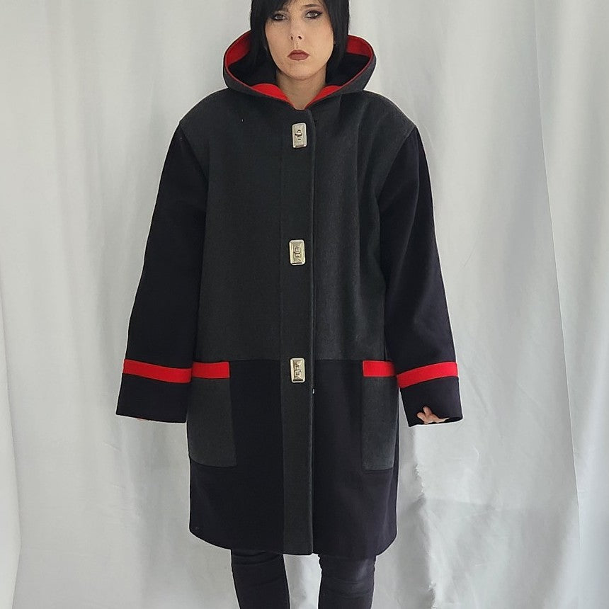 90s Gray, Black and Red Wool Overcoat