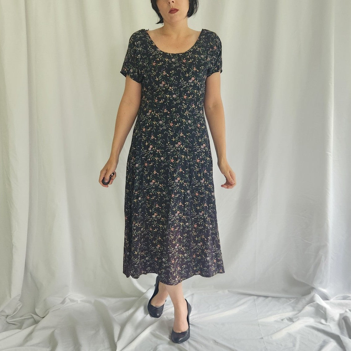 90s Green Floral Short Sleeve Midi Dress