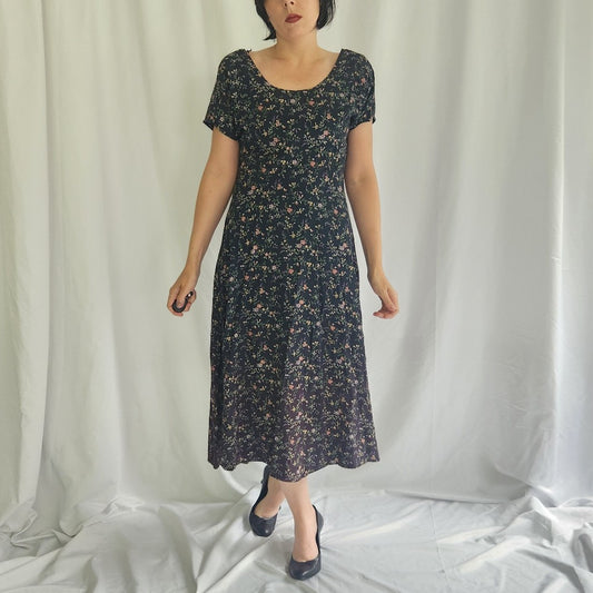 90s Green Floral Short Sleeve Midi Dress