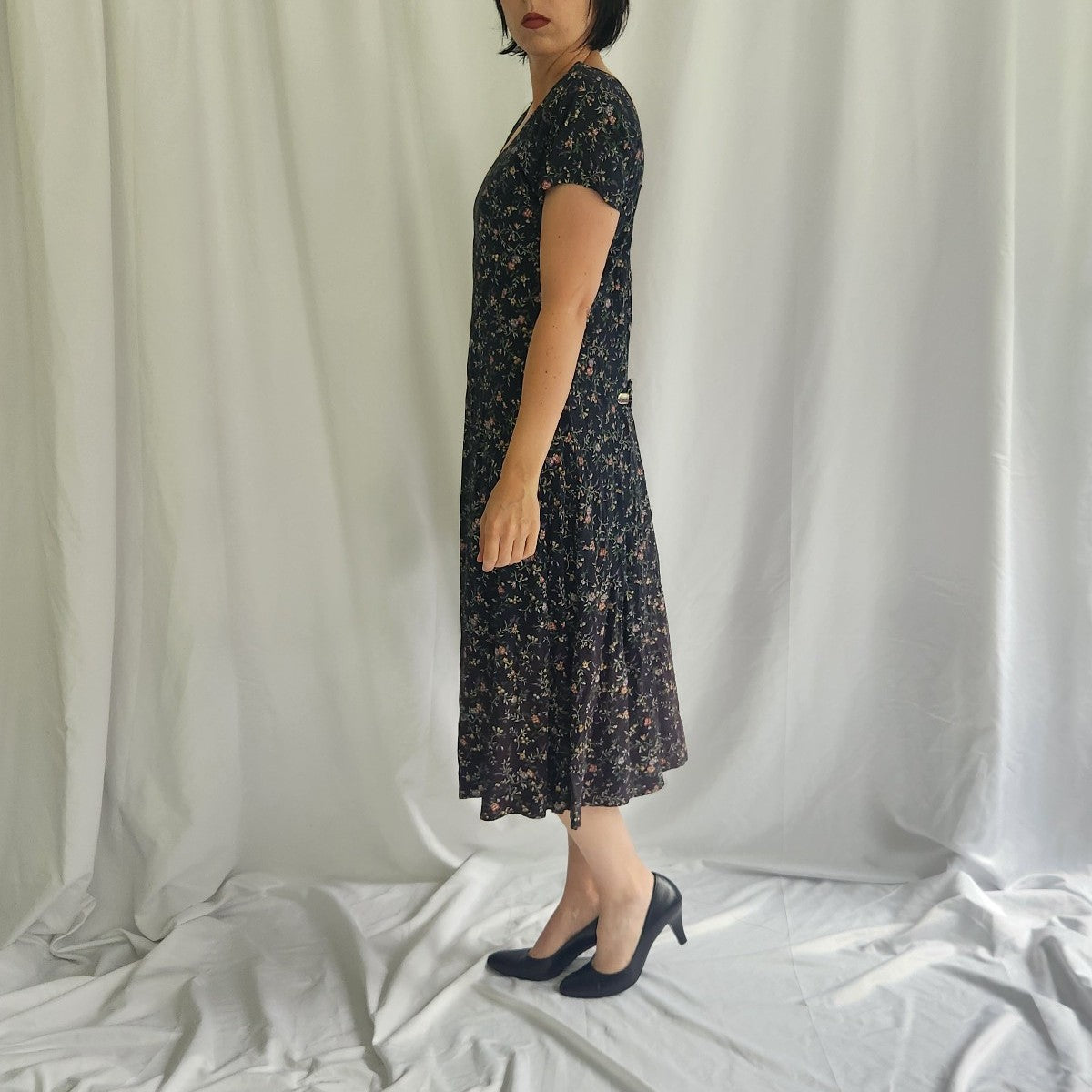 90s Green Floral Short Sleeve Midi Dress