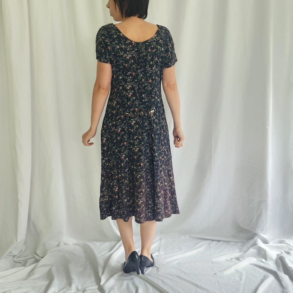 90s Green Floral Short Sleeve Midi Dress