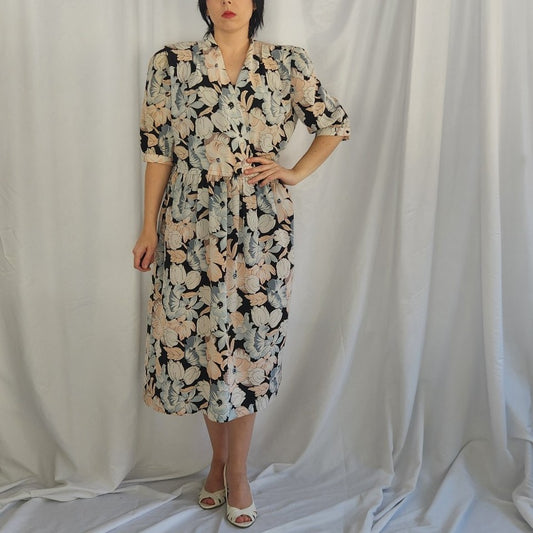 80s/90s Black, Pink, and Blue Floral Day Dress