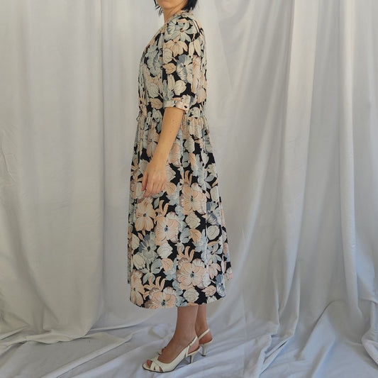 80s/90s Black, Pink, and Blue Floral Day Dress