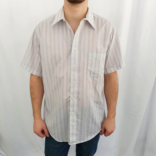 90s White, Purple, and Blue Striped Short Sleeve Button Down