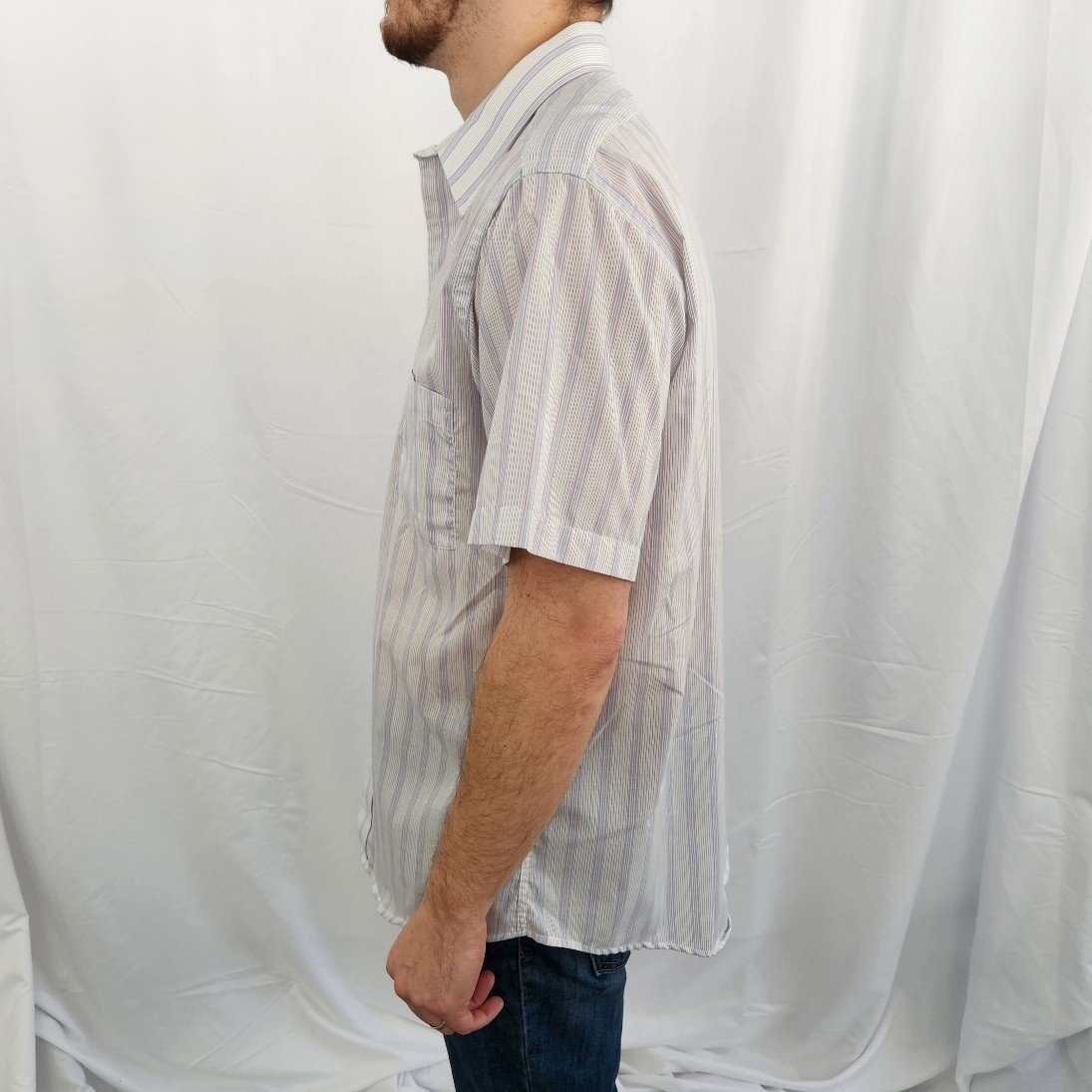 90s White, Purple, and Blue Striped Short Sleeve Button Down