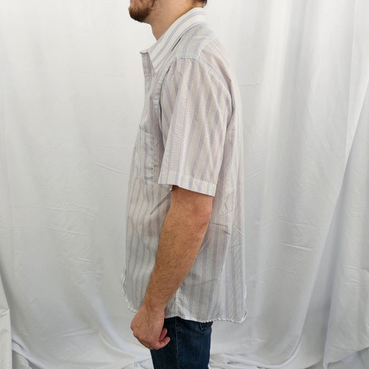 90s White, Purple, and Blue Striped Short Sleeve Button Down