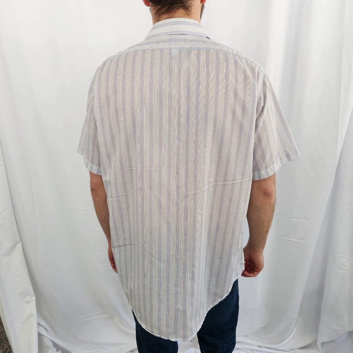 90s White, Purple, and Blue Striped Short Sleeve Button Down