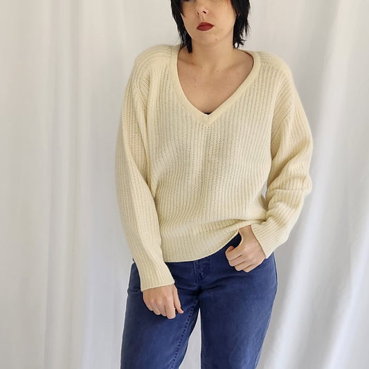90s Ivory Lambswool and Angora V Neck Sweater