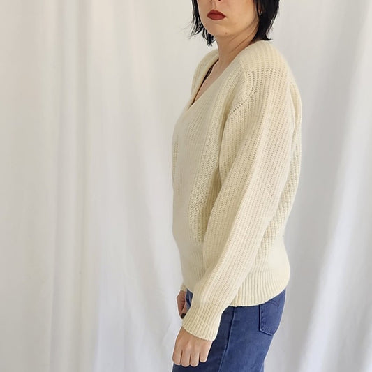 90s Ivory Lambswool and Angora V Neck Sweater
