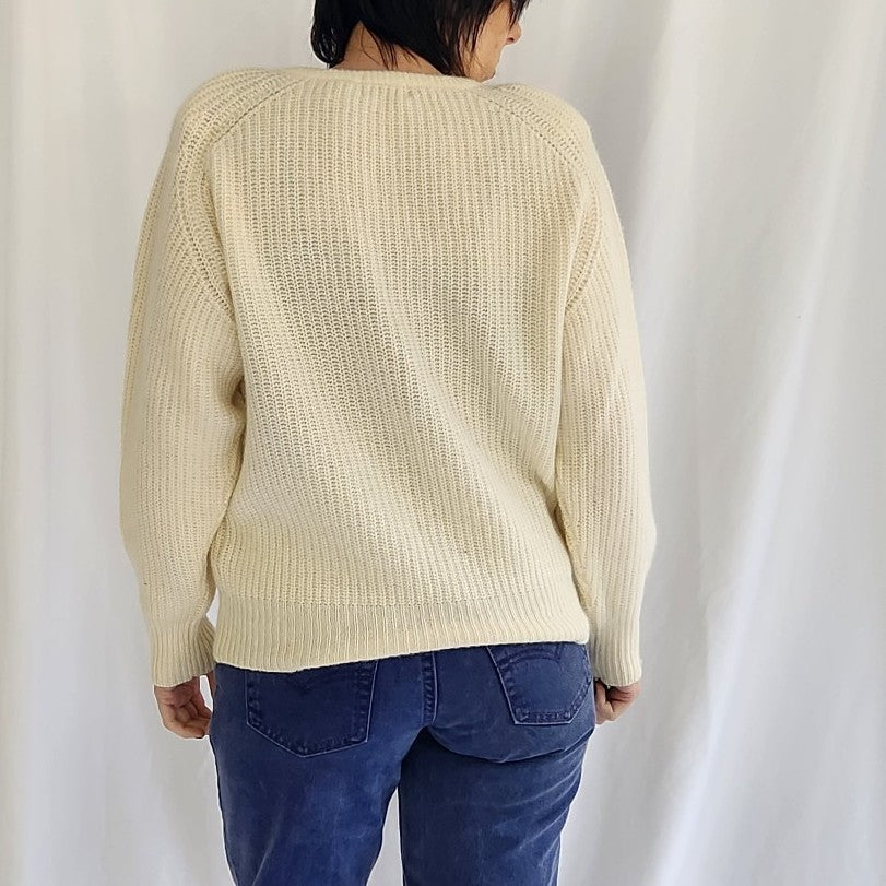 90s Ivory Lambswool and Angora V Neck Sweater