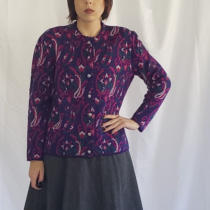 60s Purple, Pink, and Green Paisley Wool Cardigan