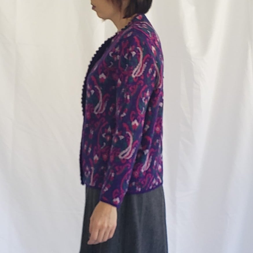 60s Purple, Pink, and Green Paisley Wool Cardigan