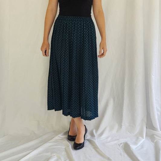 80s Blue and Green Polka Dot Pleated Midi Skirt
