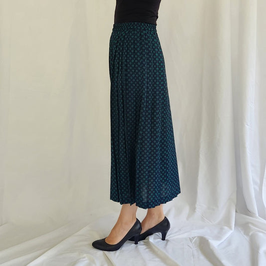 80s Blue and Green Polka Dot Pleated Midi Skirt