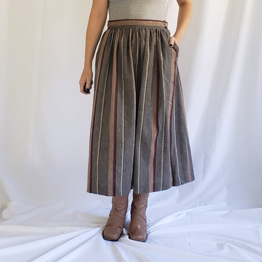 70s/80s Gray, Tan, Red Striped Midi Skirt