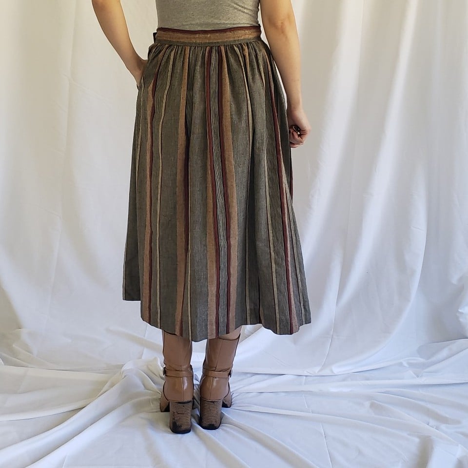 70s/80s Gray, Tan, Red Striped Midi Skirt