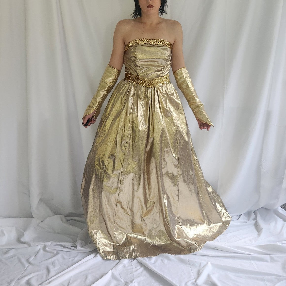 gold 80s dress VTG 80s Suspectition Lime Gold Metallic Party Dress Off Shoulder Princess