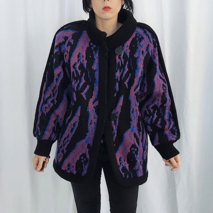 80s Black, Purple, and Blue Knit Coat