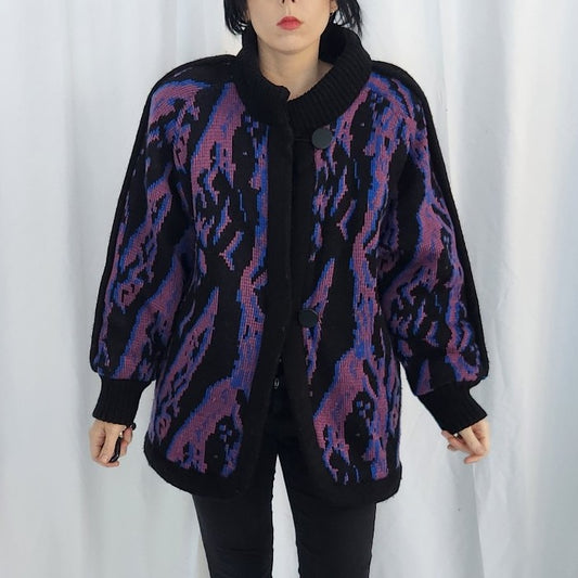 80s Black, Purple, and Blue Knit Coat