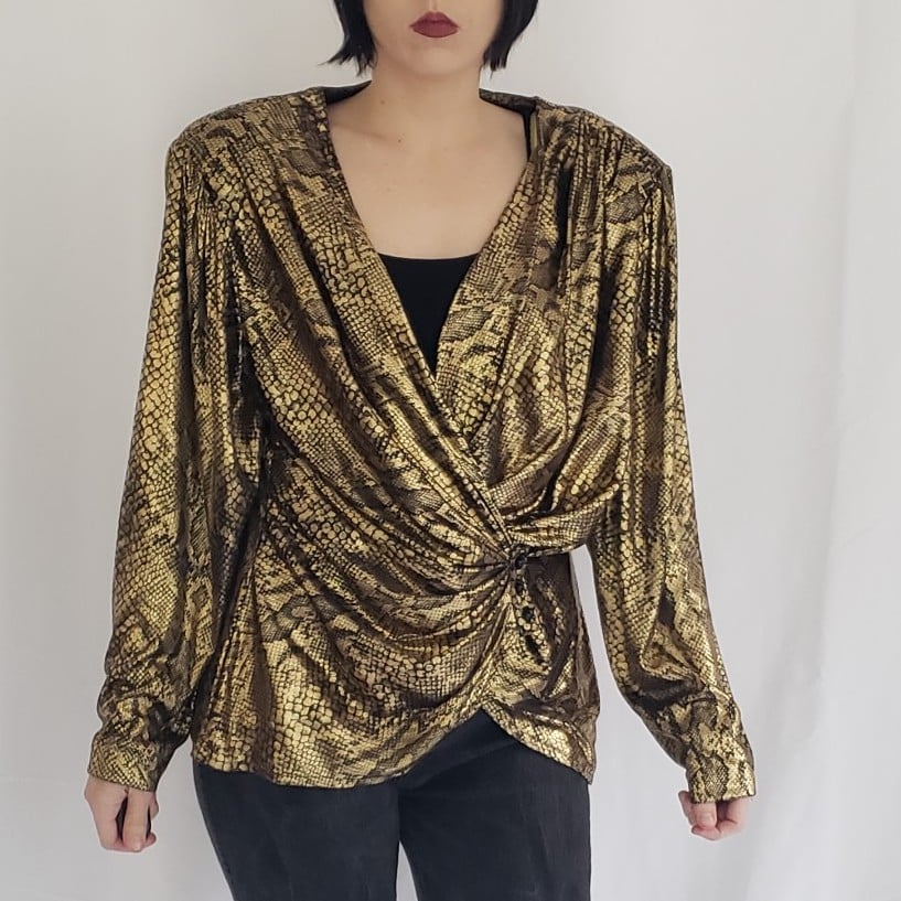 80s Gold and Black Snakeskin Print Top