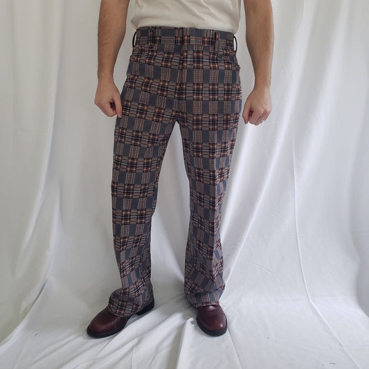 70s Blue Plaid Double Knit Pants