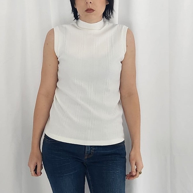 70s White Mock Neck Sleeveless Top