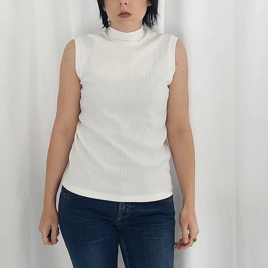 70s White Mock Neck Sleeveless Top