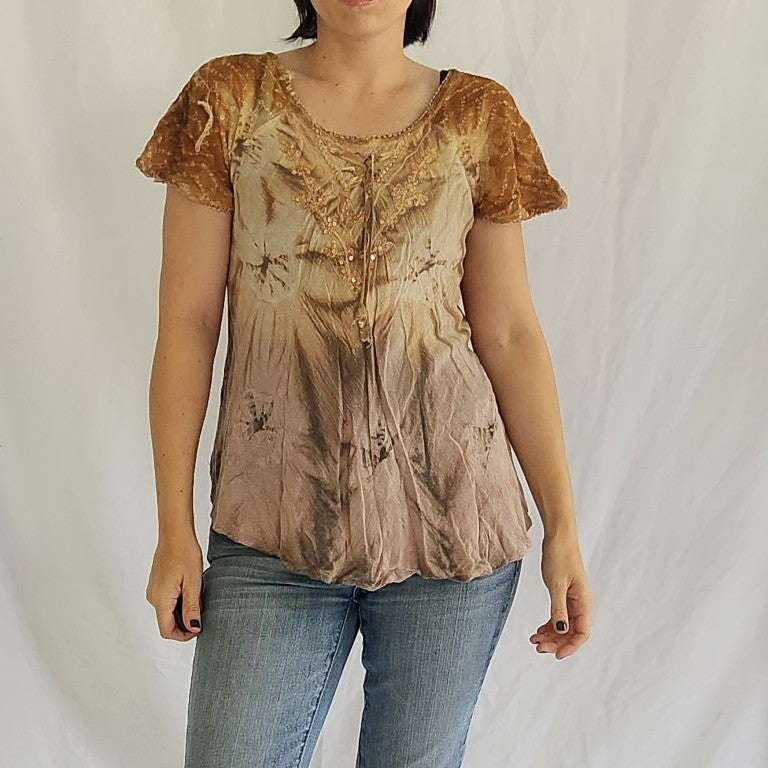 Y2K Tan Tie Dye Boho Fairycore Tee