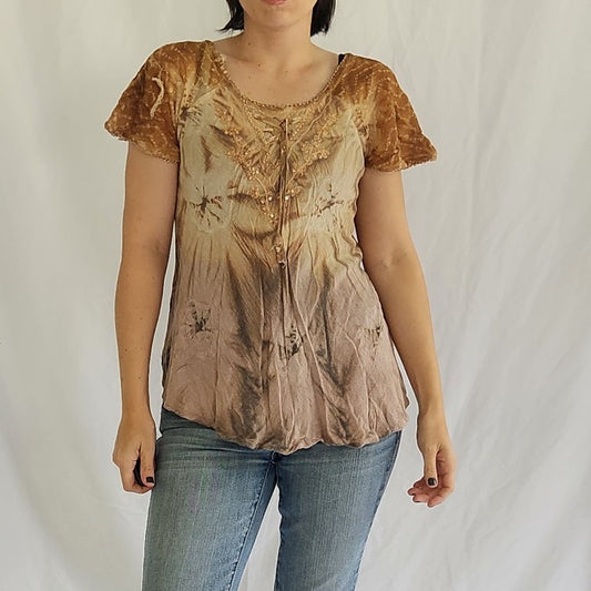 Y2K Tan Tie Dye Boho Fairycore Tee