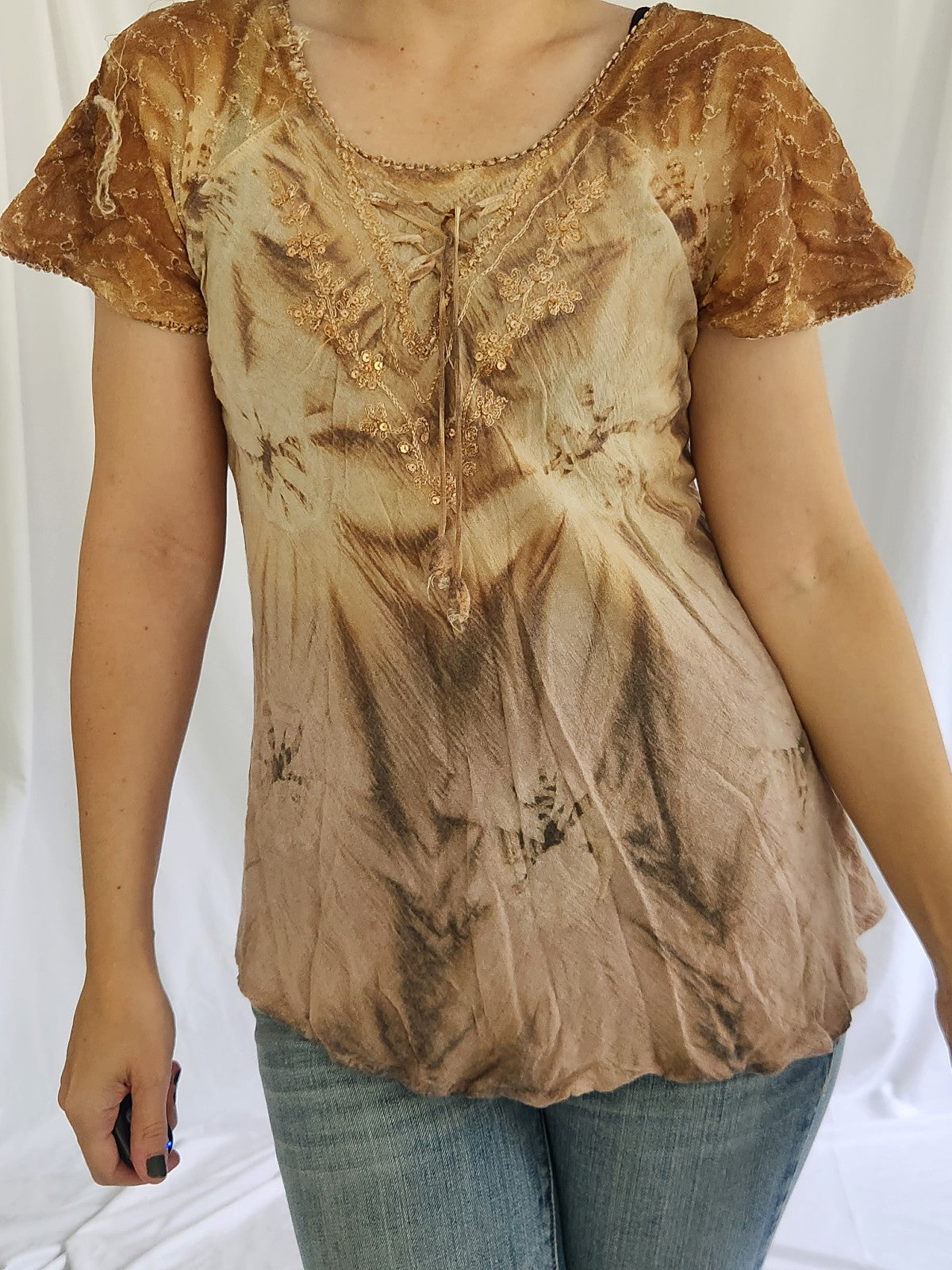 Y2K Tan Tie Dye Boho Fairycore Tee