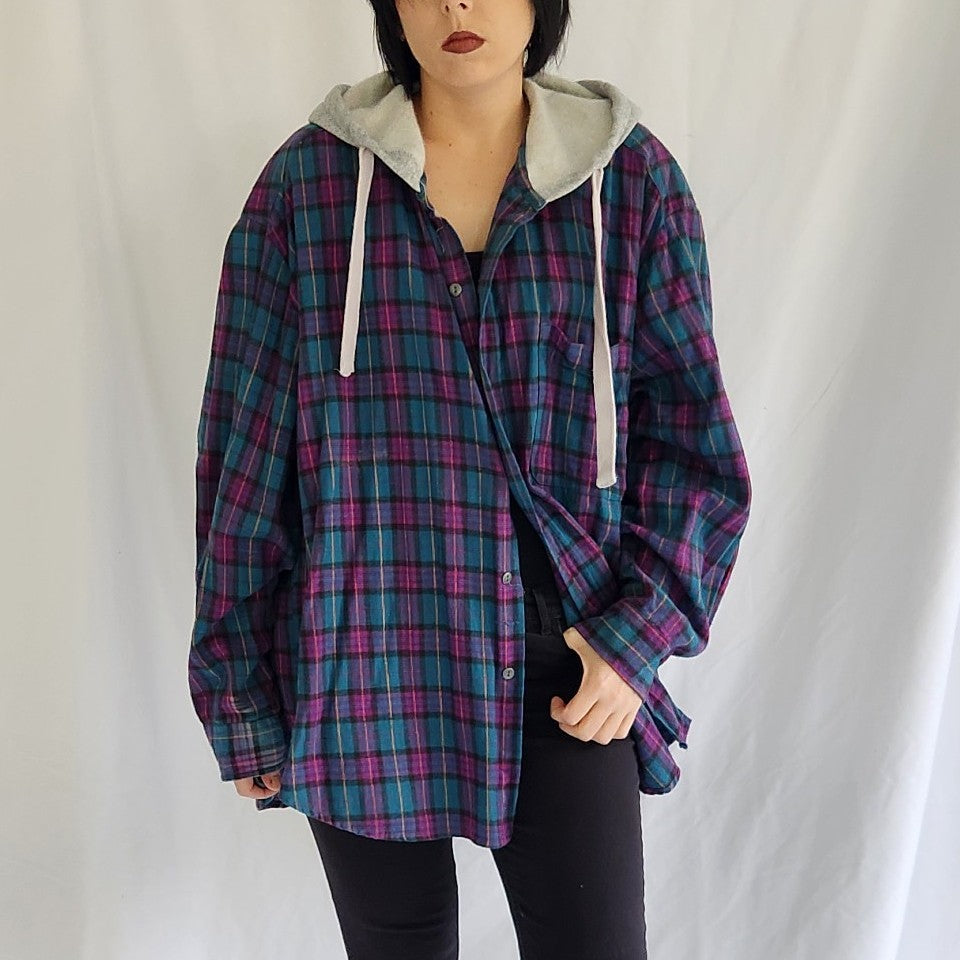 90s Purple and Teal Plaid Flannel Hoodie