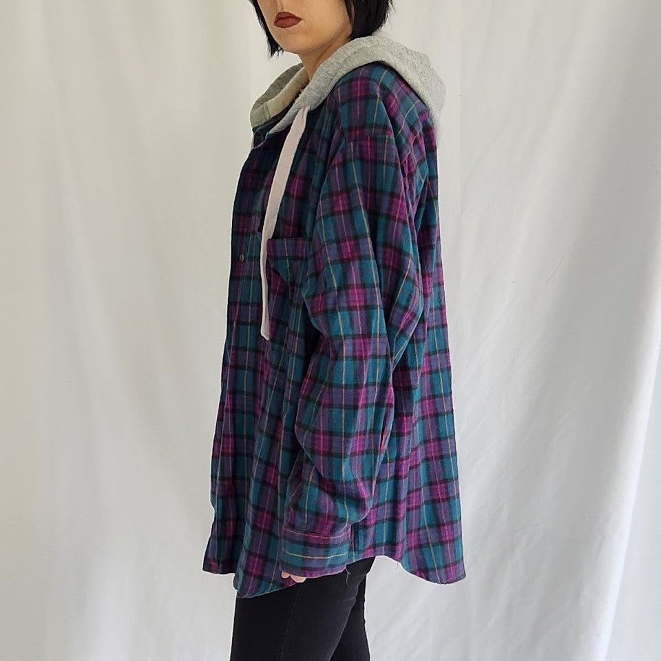 90s Purple and Teal Plaid Flannel Hoodie