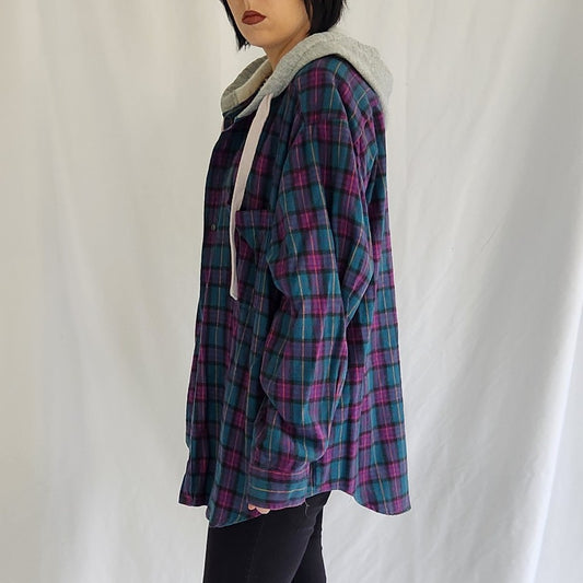 90s Purple and Teal Plaid Flannel Hoodie