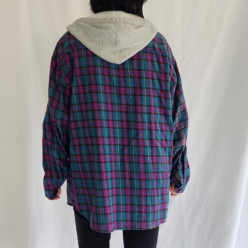 90s Purple and Teal Plaid Flannel Hoodie