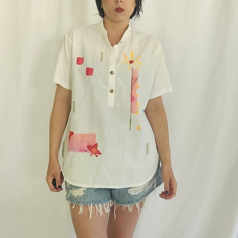 90s White, Pink, and Yellow Hand Painted Blouse