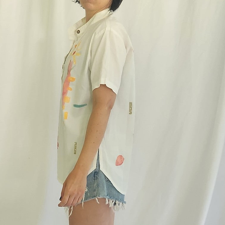 90s White, Pink, and Yellow Hand Painted Blouse