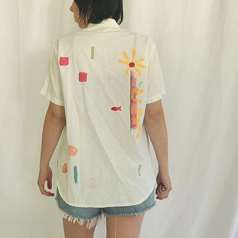 90s White, Pink, and Yellow Hand Painted Blouse