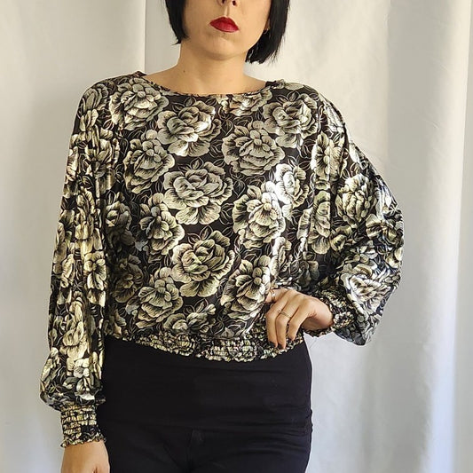 80s Black and Silver Floral Top