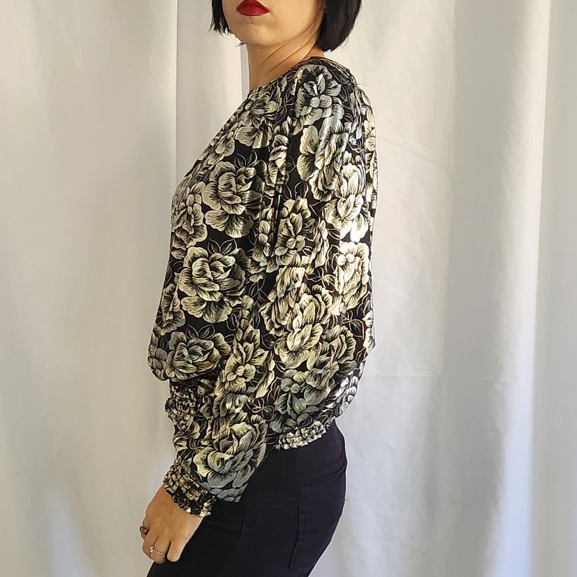 80s Black and Silver Floral Top