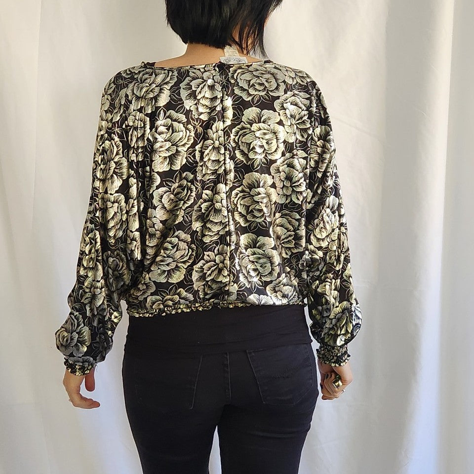 80s Black and Silver Floral Top