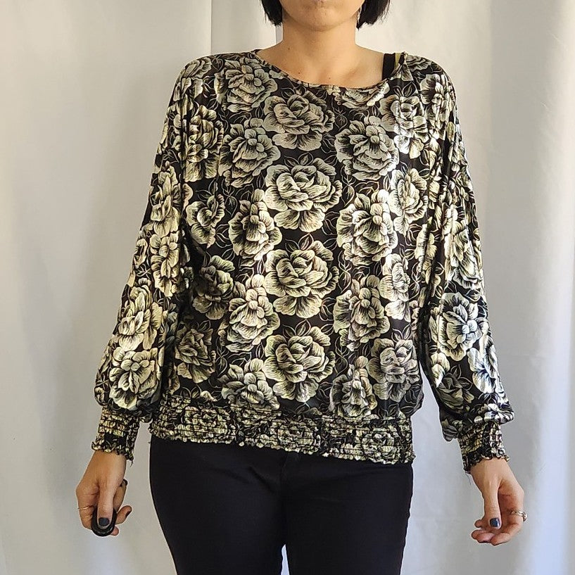 80s Black and Silver Floral Top