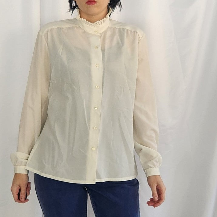 80s Off White Button Down Blouse with Frilly Collar